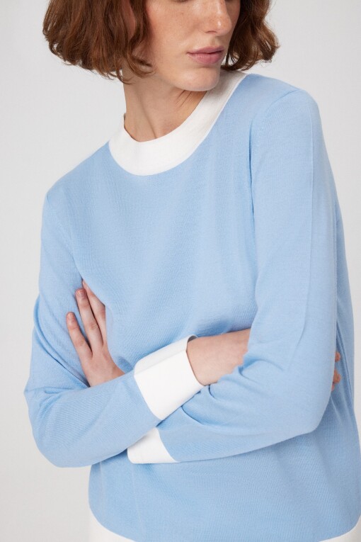 Light Blue White Cuff Long Sleeve Women's Sweater - Triko Mısırlı