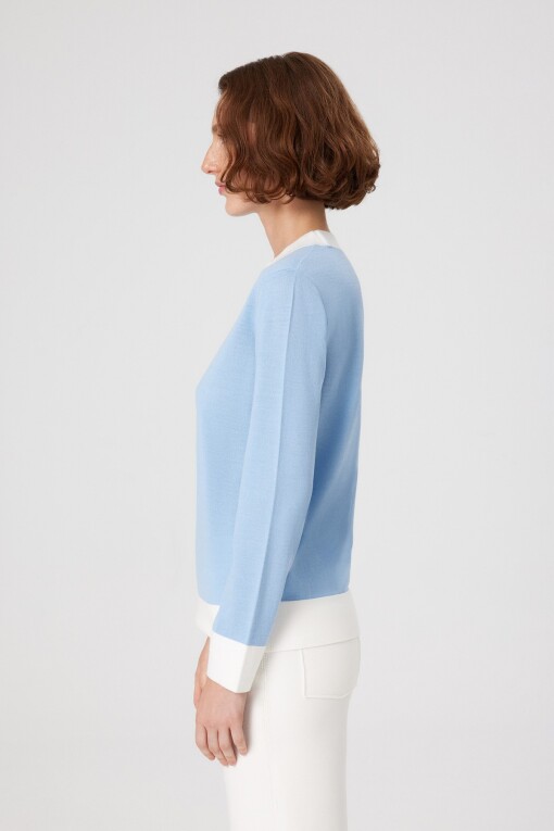 Light Blue White Cuff Long Sleeve Women's Sweater - Triko Mısırlı