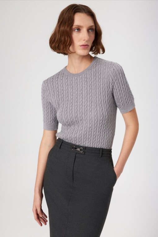 Light Grey Cable Knit Half Sleeve Women's Sweater 