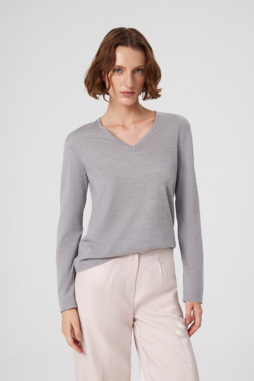 Light Grey V-Neck Long Sleeve Women's Sweater - Triko Mısırlı