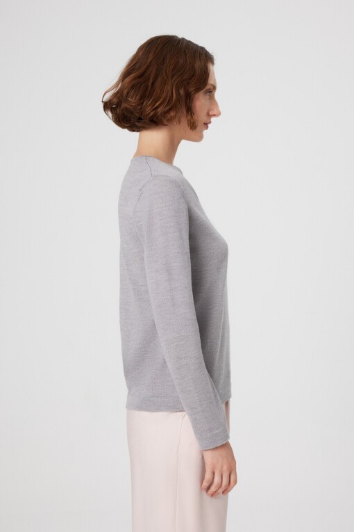 Light Grey V-Neck Long Sleeve Women's Sweater - Triko Mısırlı