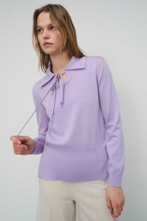 Lilac Front Tie Polo Collar Women's Sweater 