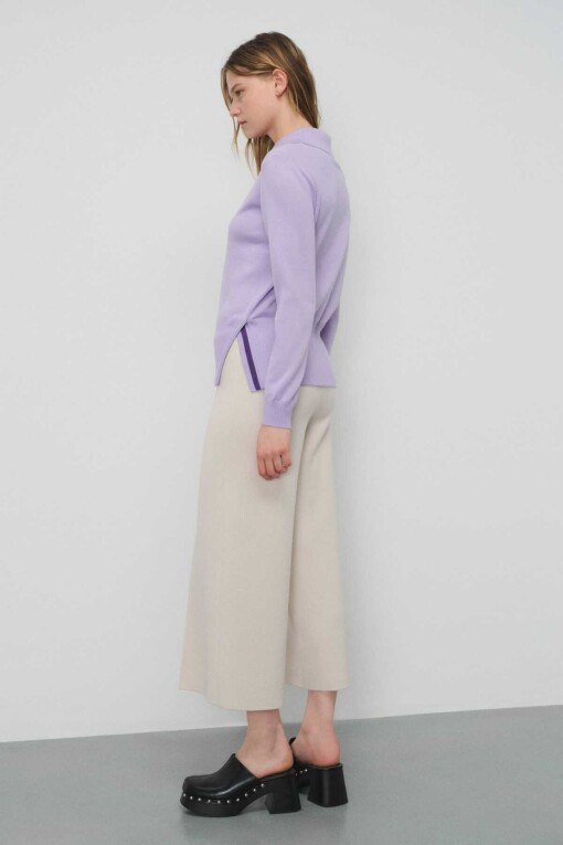 Lilac Front Tie Polo Collar Women's Sweater - Triko Mısırlı