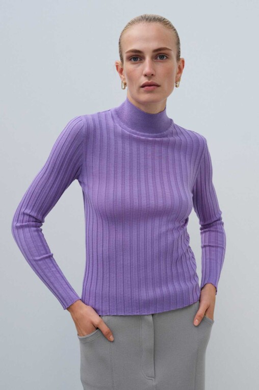 Lilac Half Turtle Neck Ribbed Knit Women's Sweater - Triko Mısırlı