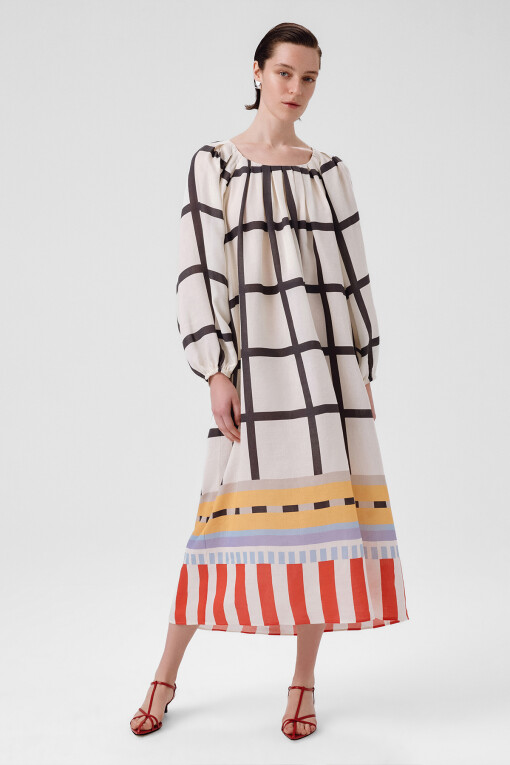 Multicolor Pattern Balloon Sleeve Long Dress - Triko Mısırlı
