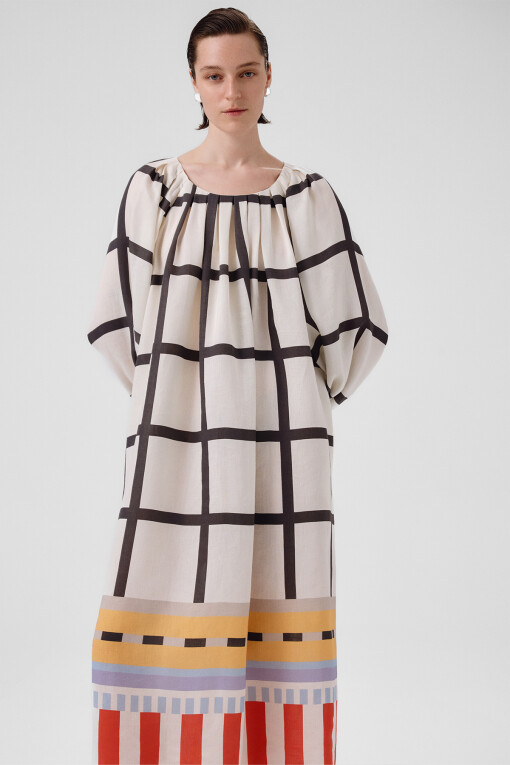 Multicolor Pattern Balloon Sleeve Long Dress - Triko Mısırlı