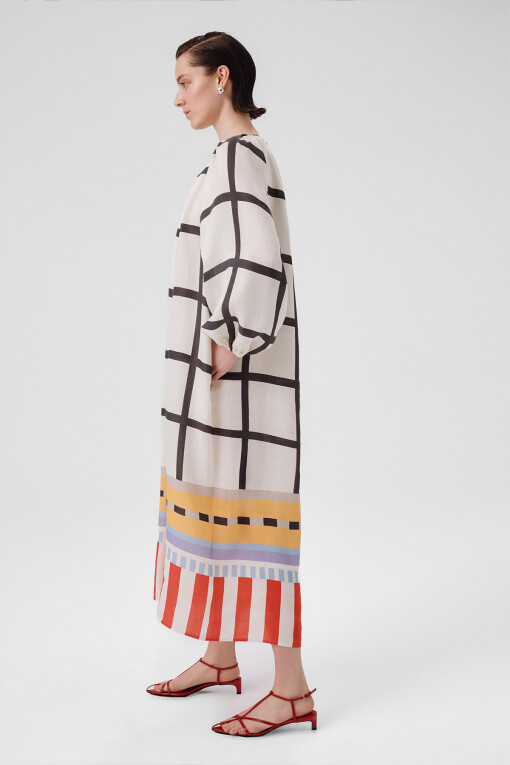 Multicolor Pattern Balloon Sleeve Long Dress - Triko Mısırlı