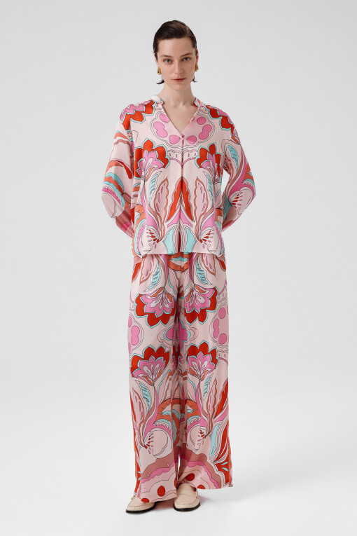 Multicolor Pattern Mandarin Collar Women's Shirt - Triko Mısırlı