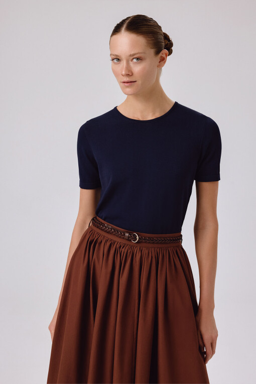 Navy Blue Crew Neck Short Sleeve Women's Sweater - Triko Mısırlı