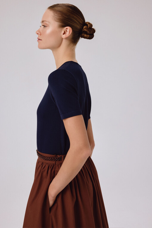Navy Blue Crew Neck Short Sleeve Women's Sweater - Triko Mısırlı