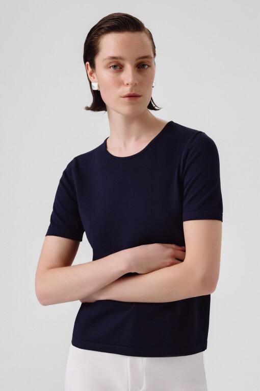 Navy Blue Crew Neck Short Sleeve Women's T-Shirt - Triko Mısırlı