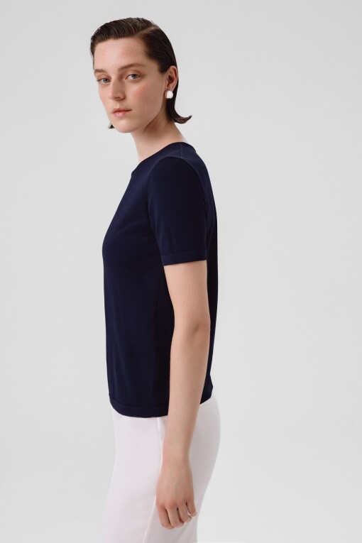Navy Blue Crew Neck Short Sleeve Women's T-Shirt - Triko Mısırlı