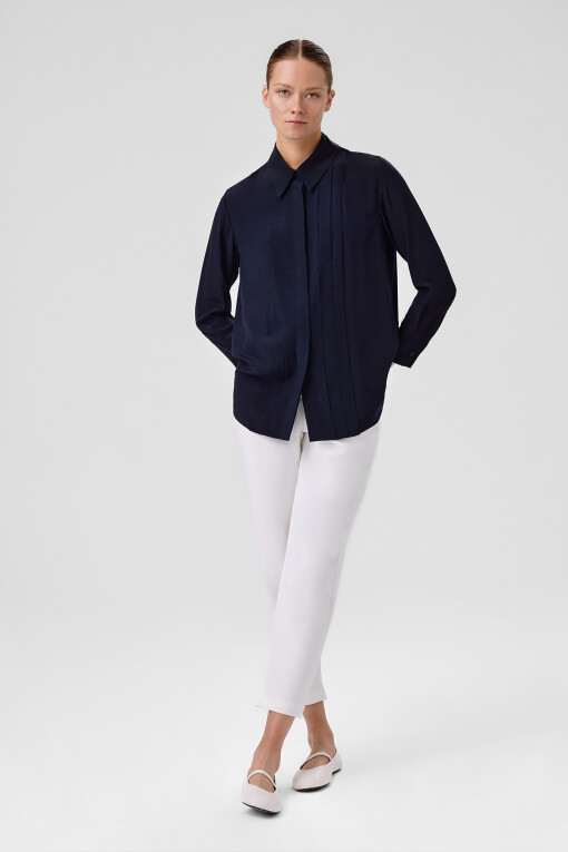 Navy Blue Front Stitch Detail Women's Shirt - Triko Mısırlı