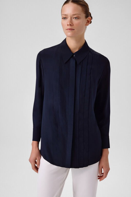 Navy Blue Front Stitch Detail Women's Shirt - Triko Mısırlı