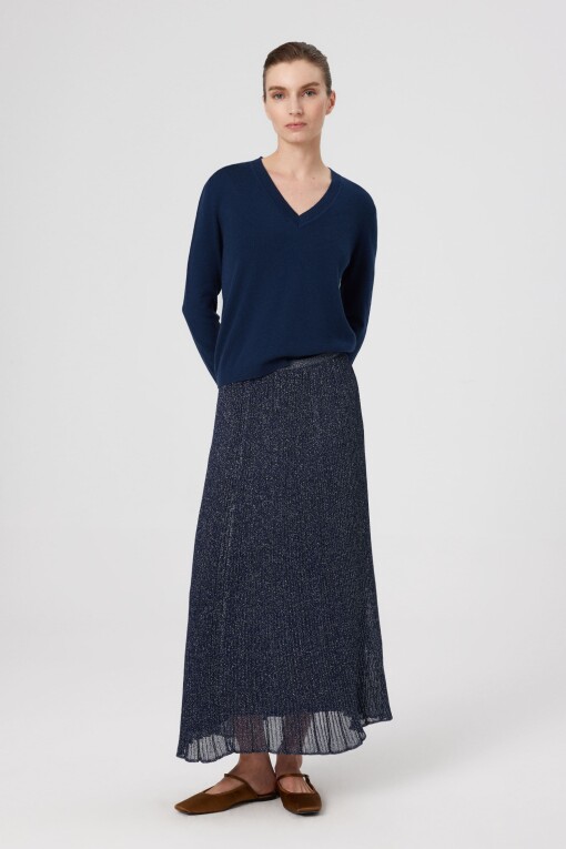 Navy Blue Glitter Detail Ruffled Long Skirt 