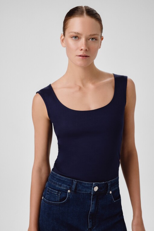 Navy Blue Oval Neck Sleeveless Blouse - Triko Mısırlı