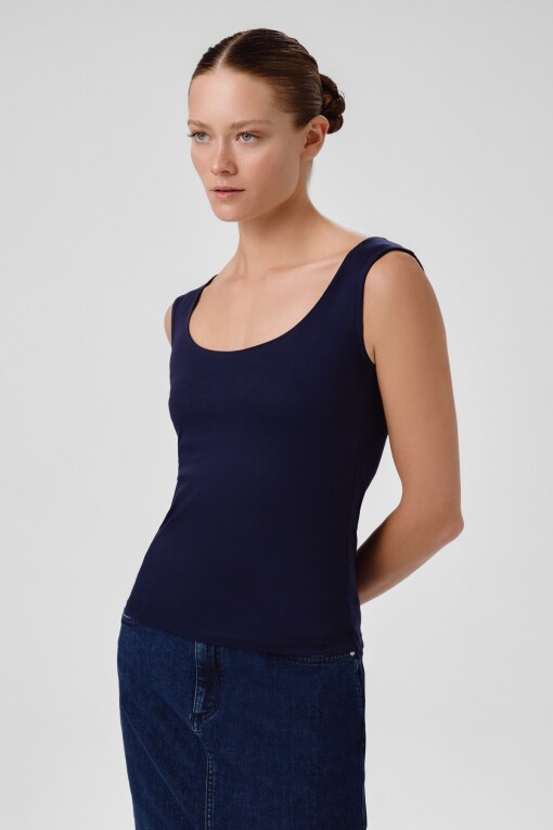 Navy Blue Oval Neck Sleeveless Blouse - Triko Mısırlı