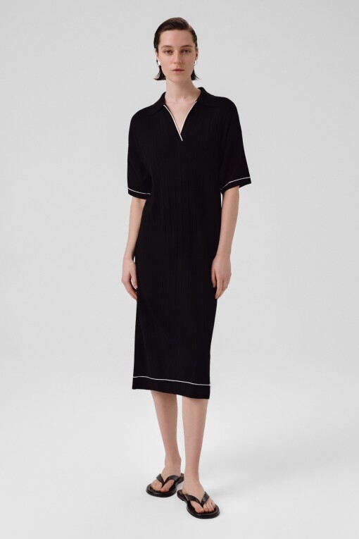 Navy Blue Shirt Collar Ribbed Dress 