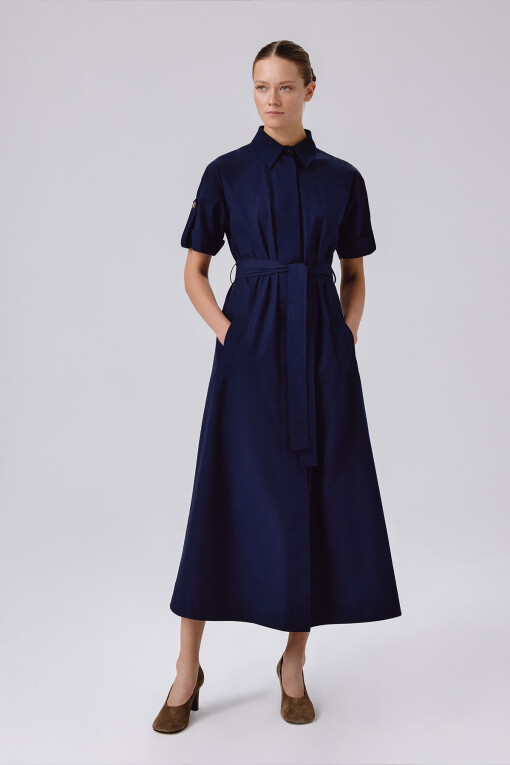 Navy Blue Shirt Collar Short Sleeve Long Dress - Triko Mısırlı