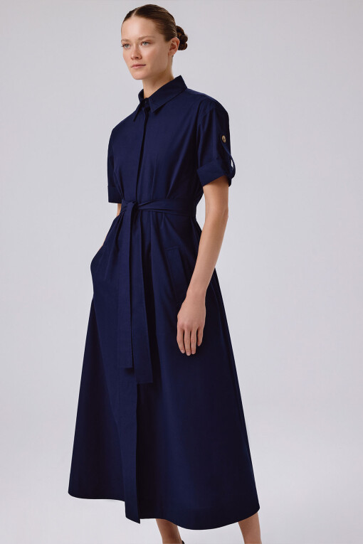 Navy Blue Shirt Collar Short Sleeve Long Dress - Triko Mısırlı