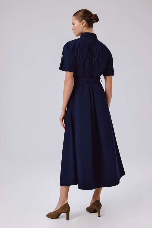 Navy Blue Shirt Collar Short Sleeve Long Dress - Triko Mısırlı