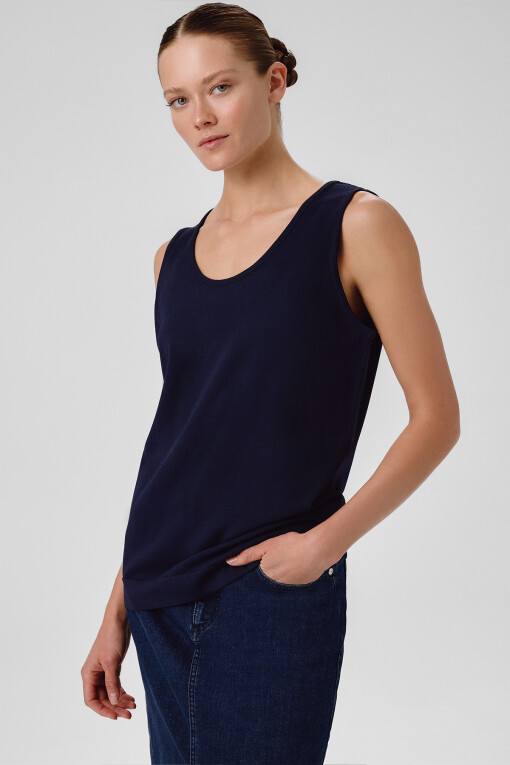 Navy Blue Thick Strap Round Neck Women's Camisole - Triko Mısırlı