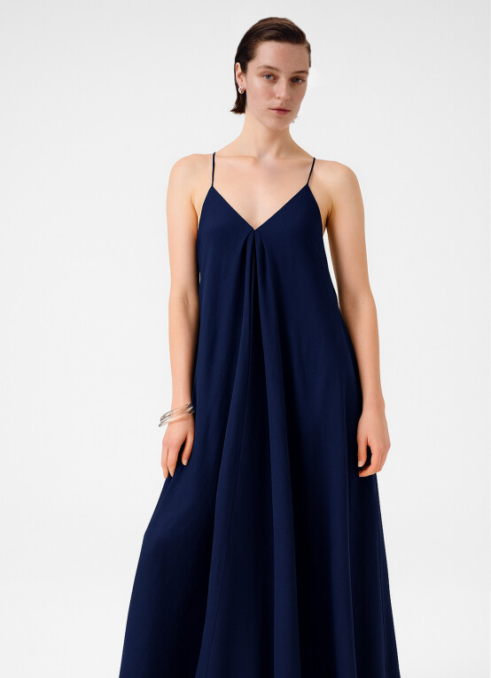 Navy Blue Thin Strap V-Neck Long Dress 