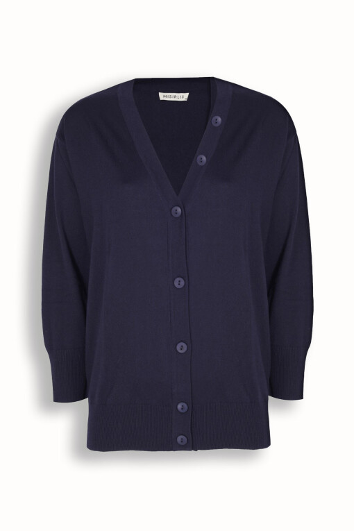 Navy Blue V-Neck Button Detail Women's Cardigan 