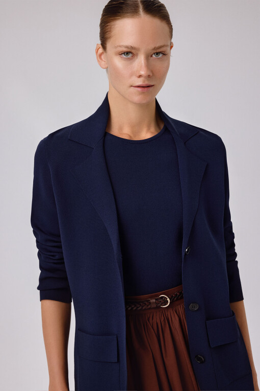 Navy Blue V-Neck Buttoned Women's Jacket - Triko Mısırlı