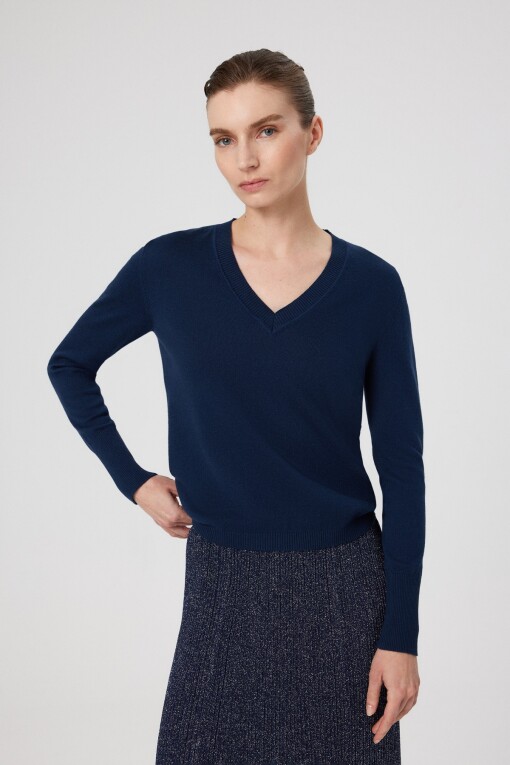 Navy Blue V-Neck Long Sleeve Women's Sweater - Triko Mısırlı