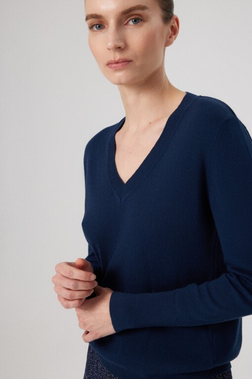 Navy Blue V-Neck Long Sleeve Women's Sweater - Triko Mısırlı