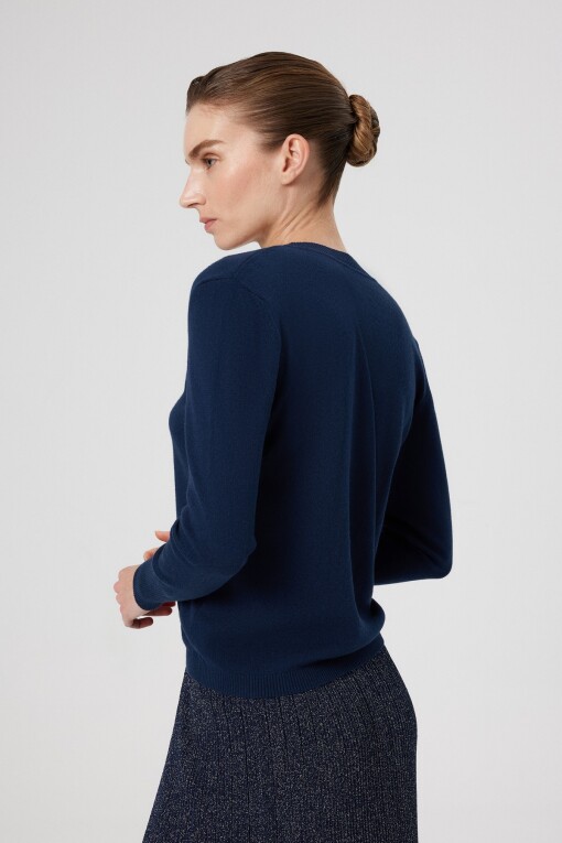 Navy Blue V-Neck Long Sleeve Women's Sweater - Triko Mısırlı