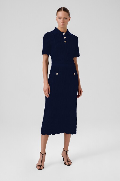 Navy Blue Wave Pattern Buttoned Midi Skirt - Triko Mısırlı