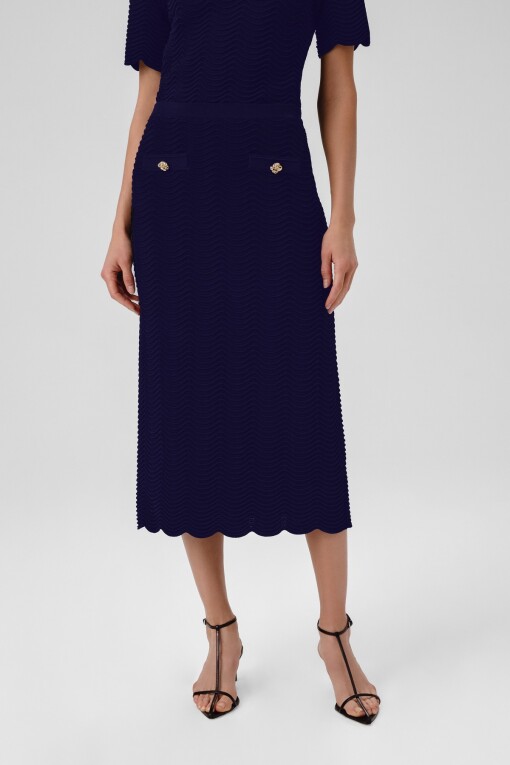 Navy Blue Wave Pattern Buttoned Midi Skirt - Triko Mısırlı
