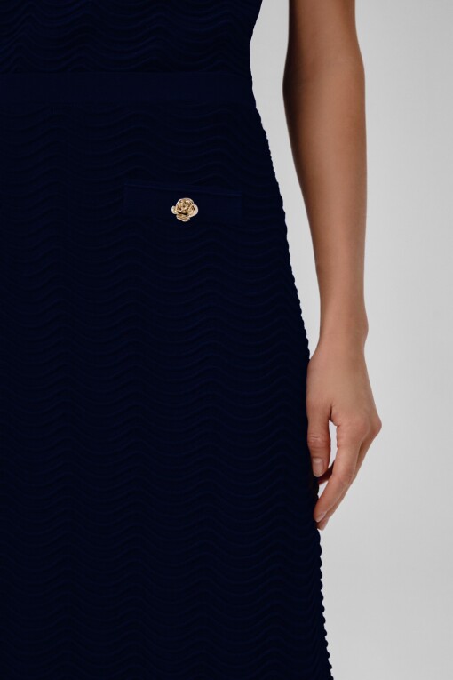 Navy Blue Wave Pattern Buttoned Midi Skirt - Triko Mısırlı