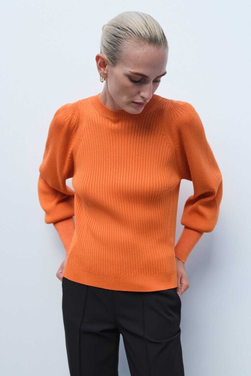 Orange Ribbed Crew Neck Women's Sweater - Triko Mısırlı