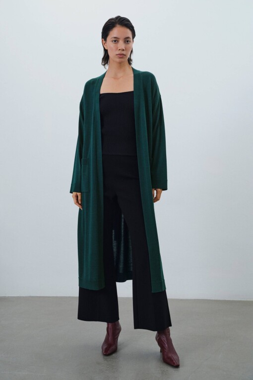 Petrol Green Tie Waist Long Women's Cardigan - Mısırlı