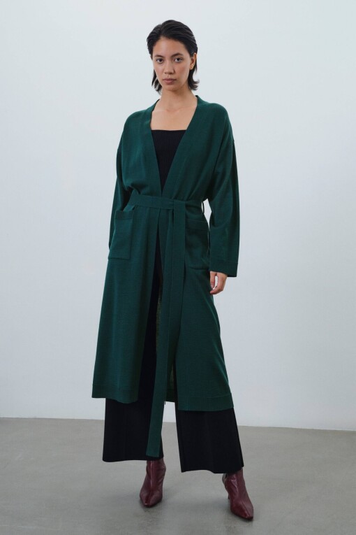 Petrol Green Tie Waist Long Women's Cardigan - Mısırlı