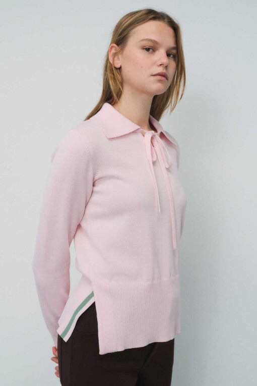 Pink Front Tie Polo Collar Women's Sweater 