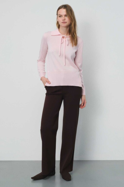 Pink Front Tie Polo Collar Women's Sweater - Triko Mısırlı