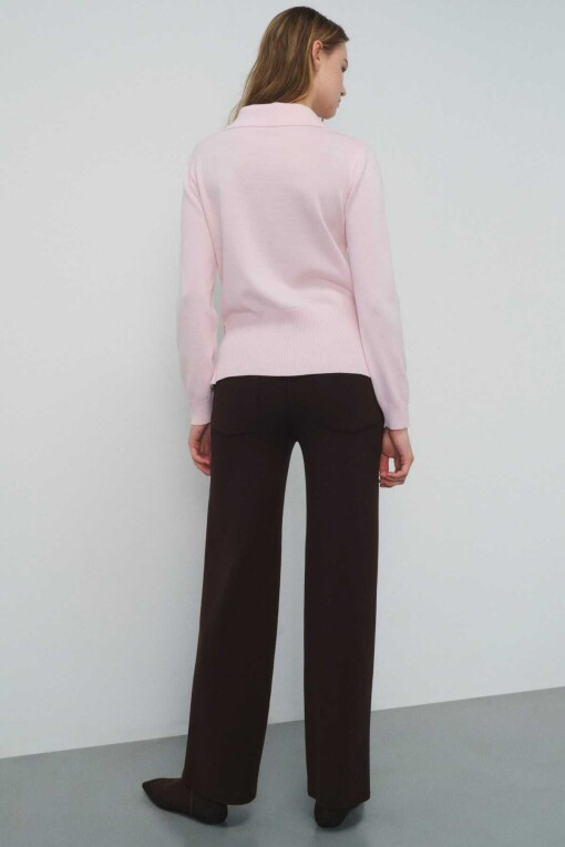 Pink Front Tie Polo Collar Women's Sweater - Triko Mısırlı