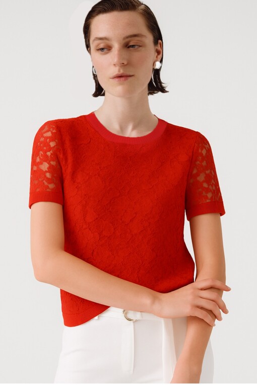 Pomegranate Front Lace Short Sleeve Blouse - Triko Mısırlı