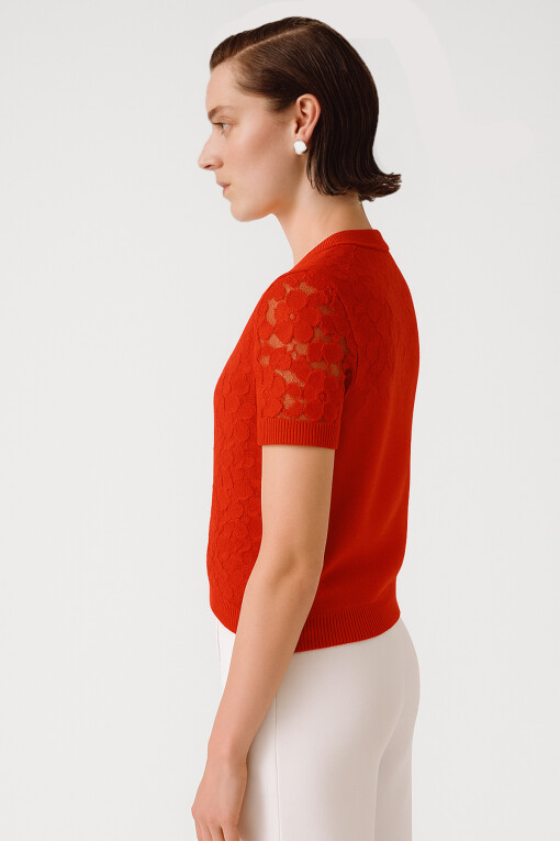 Pomegranate Front Lace Short Sleeve Blouse - Triko Mısırlı