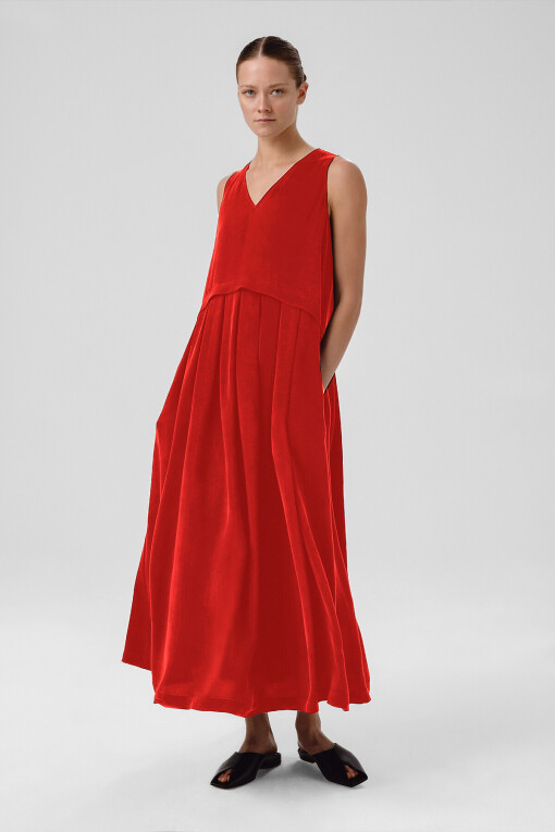 Pomegranate Pleated Hem Sleeveless Long Dress - Triko Mısırlı