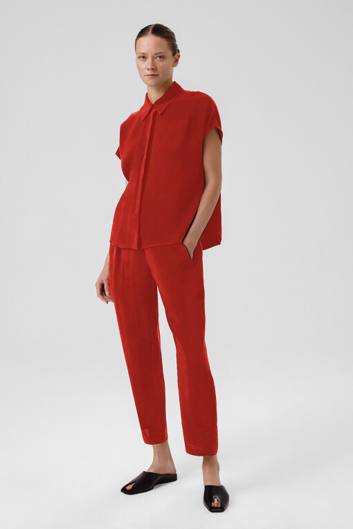 Pomegranate Shirt Collar Short Sleeve Blouse - Triko Mısırlı