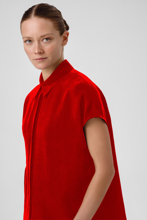 Pomegranate Shirt Collar Short Sleeve Blouse - Triko Mısırlı