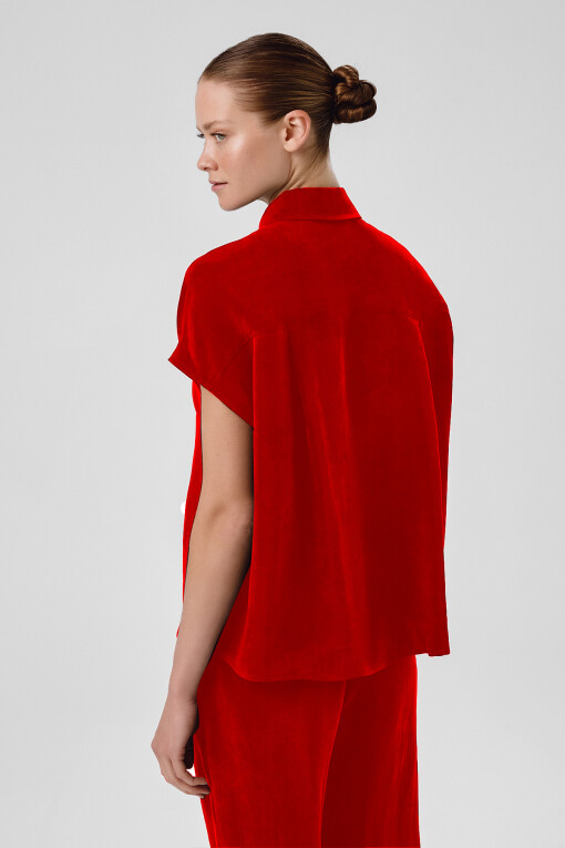 Pomegranate Shirt Collar Short Sleeve Blouse - Triko Mısırlı