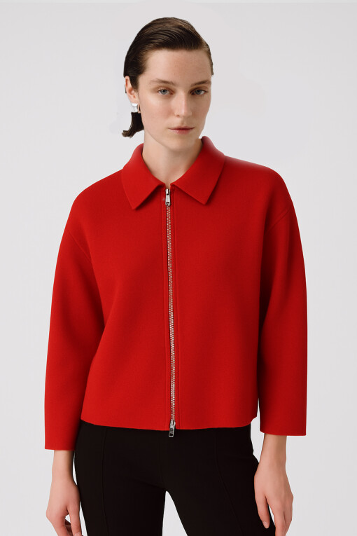 Pomegranate Shirt Collar Zippered Women's Jacket - Triko Mısırlı