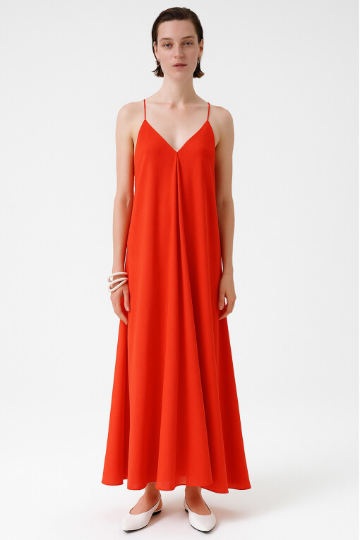 Pomegranate Thin Strap V-Neck Long Dress - Triko Mısırlı