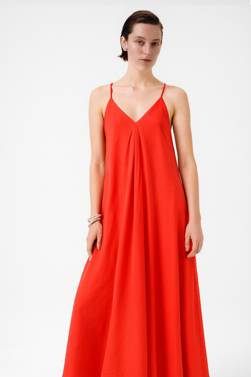 Pomegranate Thin Strap V-Neck Long Dress - Triko Mısırlı